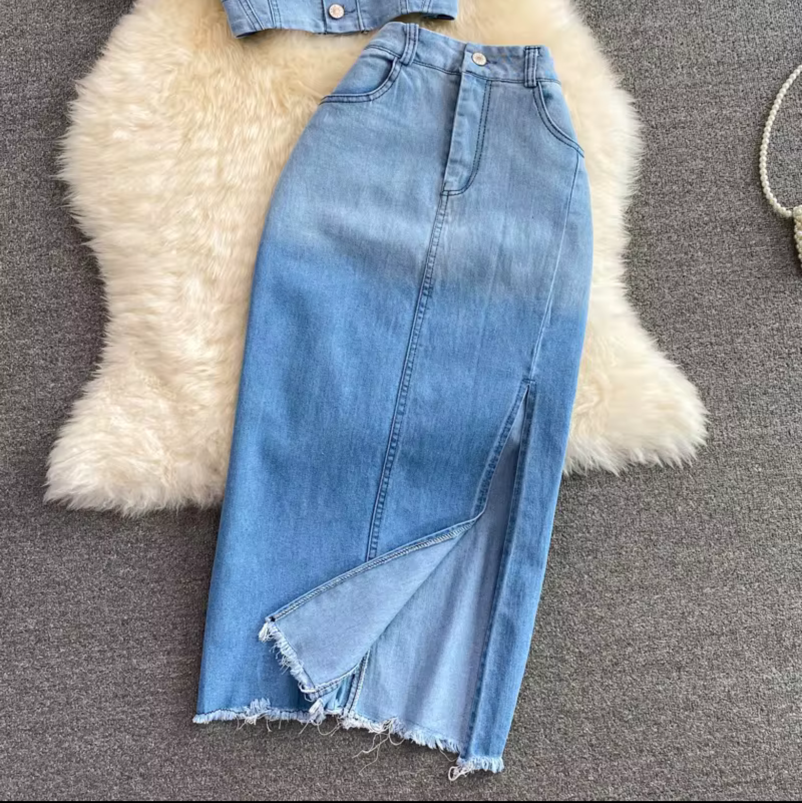 NEW AUTUMN OUTFIT DENIM JACKET WOMENS TWO PIECE SET HIGH WAIST MID-LENGTH SPLIT SKIRT LADIES DENIM Set