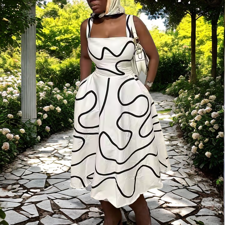 COMFY CASUAL WHITE BLACK LINE DRESS